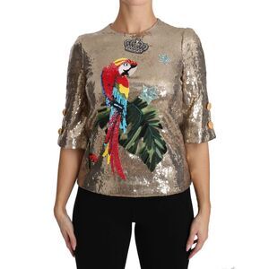 Dolce & Gabbana Sequin Parrot Embroidered Top Women Gold Tops & T-Shirts